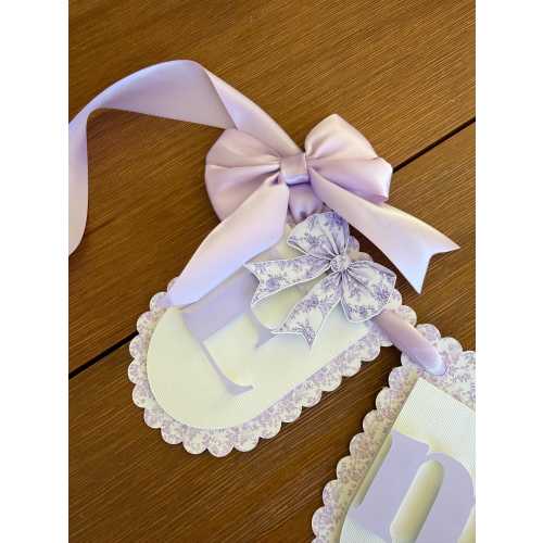 Purple Toile  Banner with bow and little dolls( Purple  Ribbon)