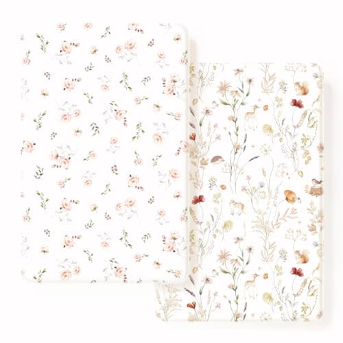 GRSSDER Stretchy Ultra Soft Jersey Knit Pack and Play Sheets 2 Pack, Portable/Mini Crib Sheets Universal Fitted for Playpen Mattress Safe and Snug, Beautiful Pink Floral and Cute Animals Print