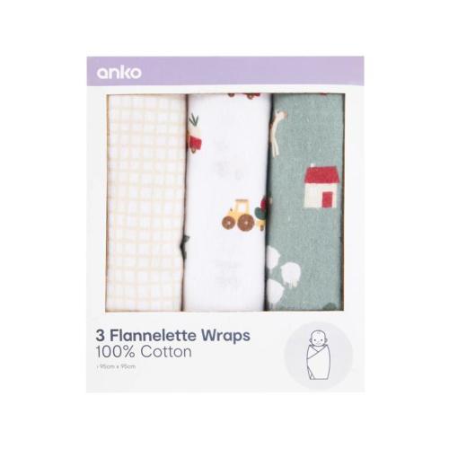 3 Pack Cotton Flannelette Wraps - Farm - Multi - One Size