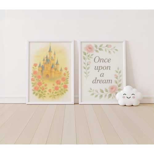 Sleeping Beauty Nursery Wall Art – 2 Printable Fairytale Prints | Castle at Sunrise + “Once Upon a Dream” Quote | Baby Girl Room Decor