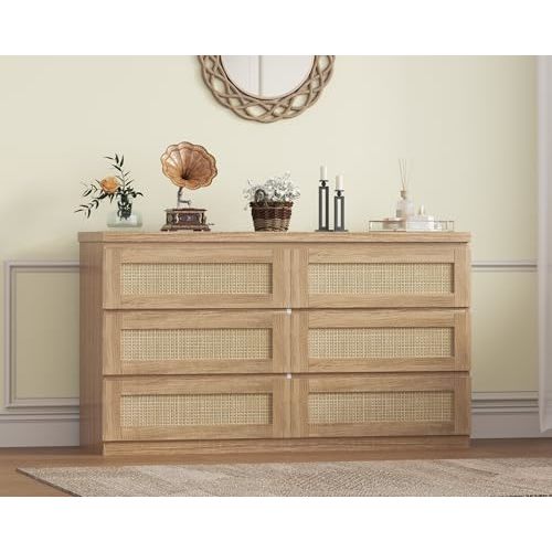 GarveeHome Rattan Dresser for Bedroom with 6 Drawers, 47 in Modern Farmhouse Wide Chest of Drawers, Wood Storage Cabinet Organizer for Closet, Living Room, Hallway