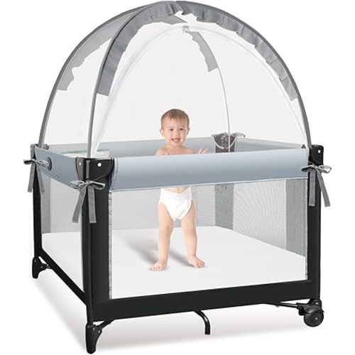 Crib Tent to Keep Baby from Climbing Out - Crib Net to Keep Baby in - Mesh Crib Climbing Prevention, Pop Up Baby Crib Tent, Two-Way Self-Locking Metal Zipper (Grey, Small)