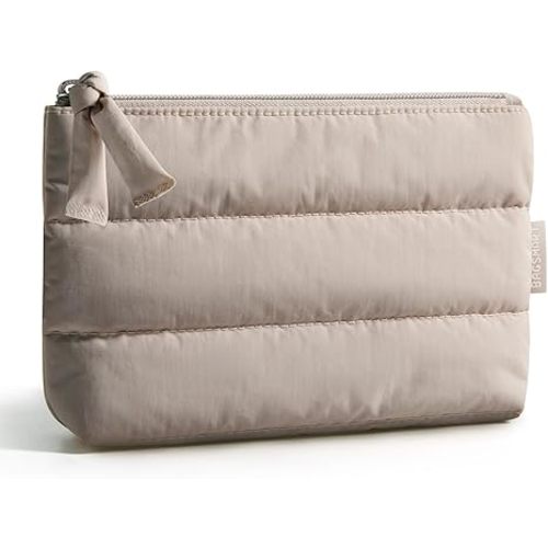 BAGSMART Small Makeup Bag, Puffy Portable Cosmetic Pouch with Charm Zipper, Water-Resistant Travel Organizer for Women (Camel, Small)