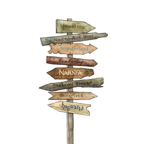 Storybook Signpost Print - Customizable Literary Signpost, Fantasy Signpost, Book Art, Storybook, Watercolor Signpost