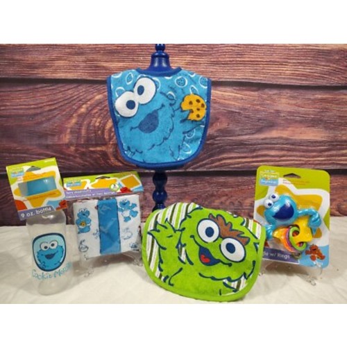 Sesame Street beginnings 5 pc LOT, bottle, rattle ,2 Bibs, 3pk washcloths