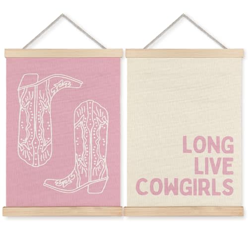 BearCake Western Cowgirl Room Decor, Long Live Cowgirls Wall Art Poster Hanger Frame, Preppy Pink Western Canvas Prints Framed Wall Decor for Girls Room Dorm Apartment, 12x16 Inch Set of 2
