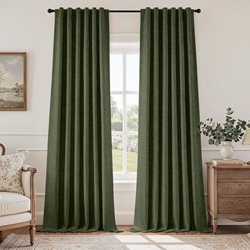 HOMEIDEAS 100% Blackout Faux Linen Olive Green Curtains，Modern Farmhouse Luxury Winter Curtains 84 Inches Long 2 Panels, Rod Pocket & Back Tab for Boho Vintage Living Room,Bedroom Decor