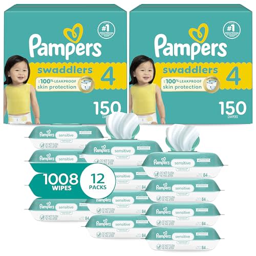 Pampers Swaddlers Disposable Baby Diapers Size 4, 2 Month Supply (2 x 150 Count) with Sensitive Water Based Baby Wipes 12X Multi Pack Pop-Top and Refill (1008 Count)