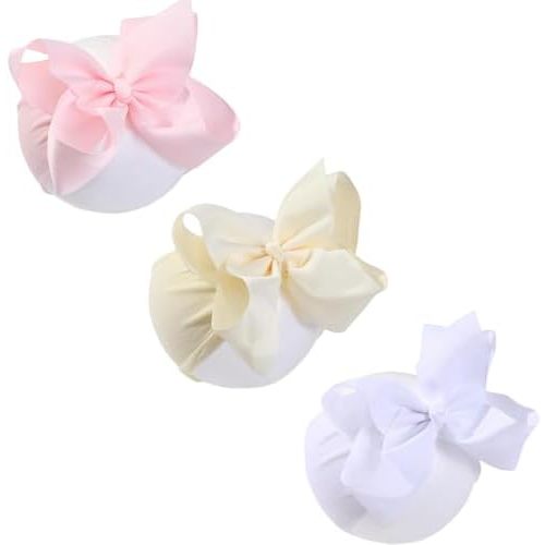3 Pcs 6 Inch Pink Beige White Baby Girl Headbands With Bows Handmade Boutique Grosgrain Ribbon Baby Headbands Soft Nylon Elastic Headband For Newborns Infants Toddlers (Pink Beige White)