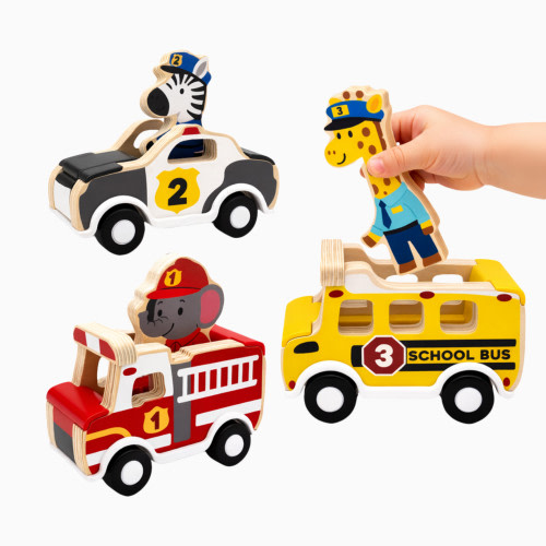 Little Acorn Wooden Pull Back Cars with Mix & Match Characters - Wood