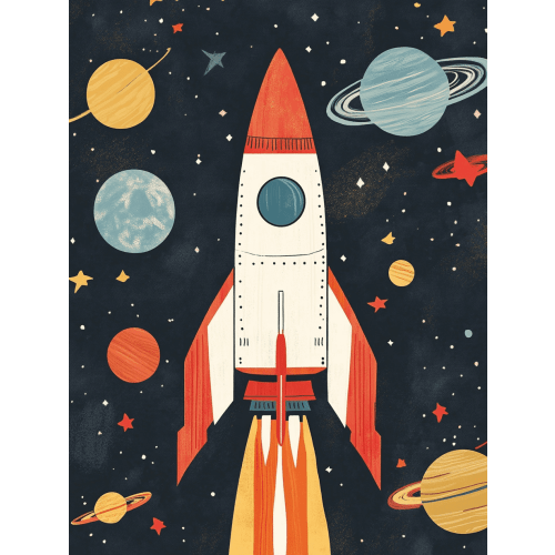 Retro Rocket Ship Space Canvas Art Print， Perfect for Living Room， Bedroom， Office， Nursery， and Kids Playroom Decoration.