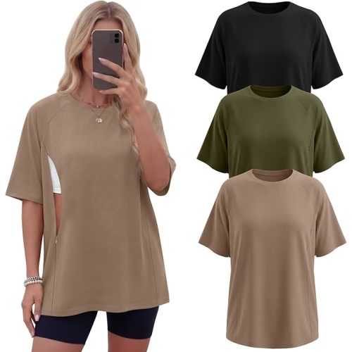 3 Pack Women's Oversized Nursing Tops for Breastfeeding with Hidden Zippers Loose Fit Short Sleeve Maternity Tops