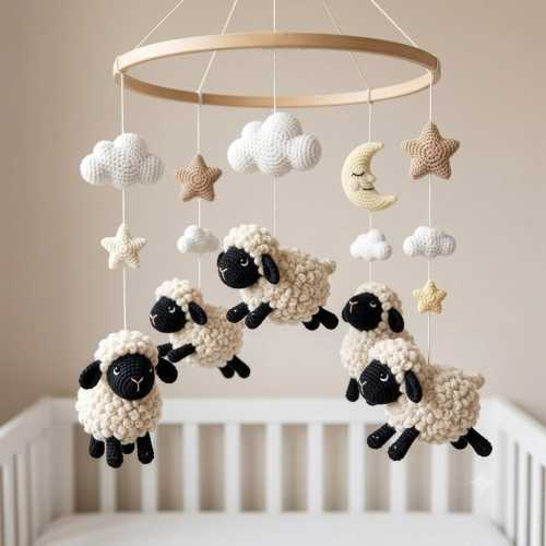 Crochet Sheep Baby Mobile, Lamb Crib Mobile, Farm Animal Nursery Mobile, Handmade Baby Mobile, Neutral Nursery Decor, Baby Shower Gift