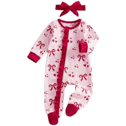 My First Valentines Day Baby Girl Outfit Newborn Heart Footie Jumpsuit Ruffle Zipper Romper Cute Baby Spring Clothes