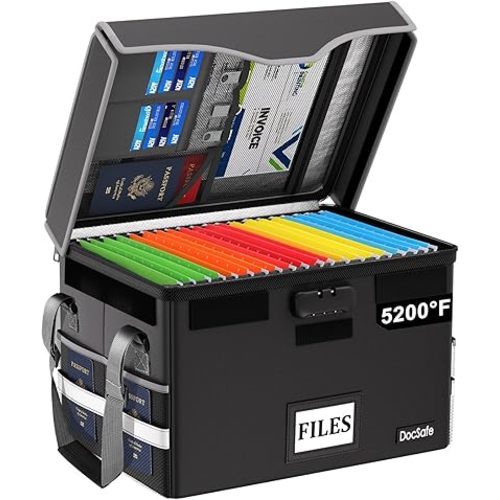 DocSafe 5200°F Fireproof Document Box with Lock,Heat Insulated File Organizer Storage with Pockets,Collapsible Portable Home Office File Safe Box with Handle for Hanging Letter/Legal Folders, Black