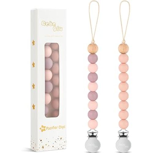 2 Pack Pacifier Clips, Silicone Pacifier Clip for Baby Boys and Girls, Baby Pacifier Strap with Silicone Beads, Soother Dummy Holder, Pacifier Holder, Keeps Pacifier Clean (Mauve/Muted)