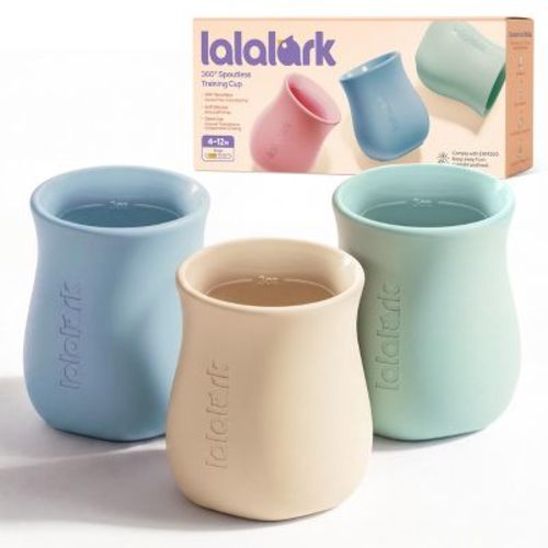 lalalark Silicone Baby Open Cup 6-12 Months, Water Training Cup, 3-Pack, Blue/Green/Beige