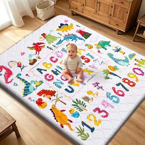 Baby Play Mat - Thicken 71x59 Inch Soft Foam Crawling Mat for Playpen & Floor, Non-Slip Waterproof Playmats for Infants & Toddlers, Portable Foldable & Machine Washable, Dinosaur & Letters