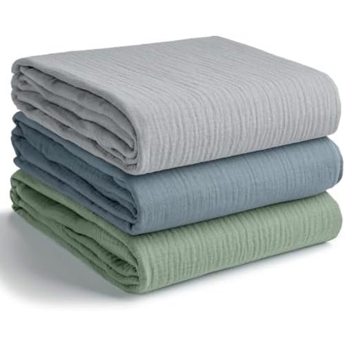 Comfy Cubs Muslin Swaddle Blankets Pack of 3 - Heather Blue, Pacific Blue, Fern
