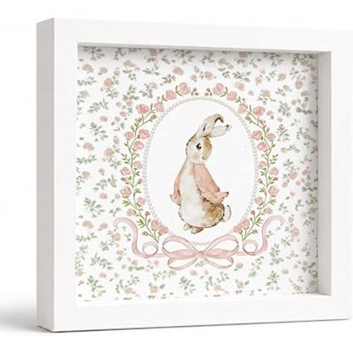 QSWSLHK Pink Bow Bunny Rabbit Floral Wall Decor 7x7, Girl Nursery Decor