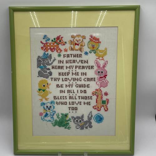 Vintage Baby Nursery Embroidery Cross Stitch Prayer Framed Matted 19” X 23”