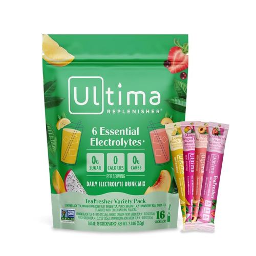 Ultima Replenisher TeaFresher Daily Electrolytes Powder and Instant Tea Mix – Sugar Free – Variety Pack, 16 Stickpacks - Hydration Packets with 4 Fruit and Tea Fusions, 6 Key Electrolytes
