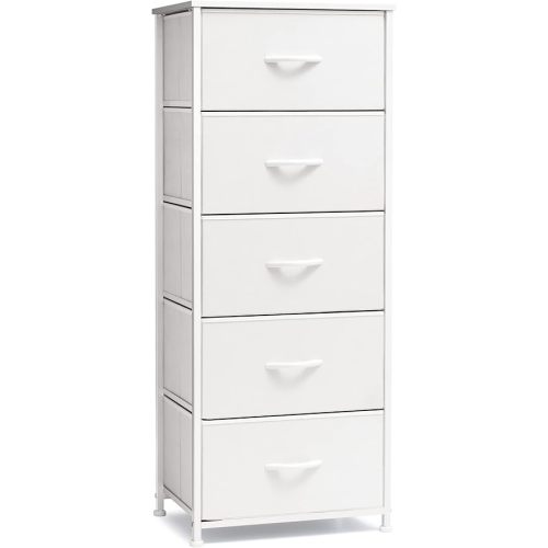 Tall Dresser Vertical Fabric Storage Tower Organizer, 5 Drawers (White)