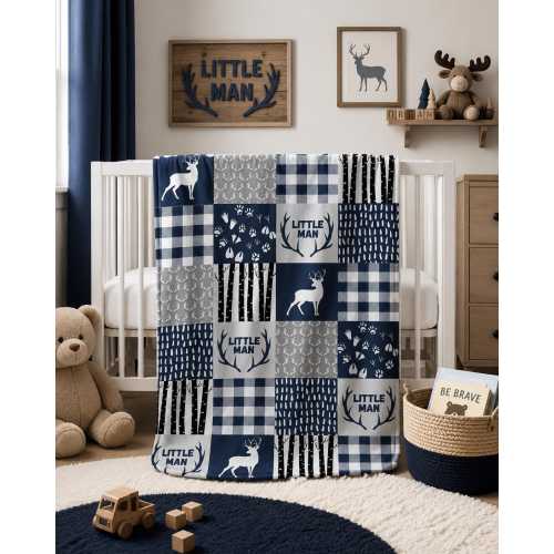 Woodland Deer Minky Blanket, Navy Blue Grey Nursery Bedding