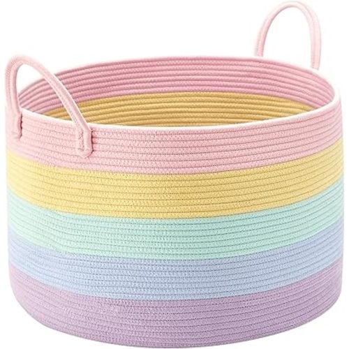 70L Rainbow Storage Basket Toy Bin for Kids Girls Baby Laundry Basket Colorful Extra Large Woven Cotton Rope Blanket Basket Cute Nursery Hamper