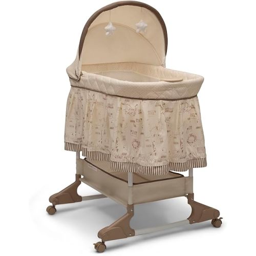 Delta Children Portable Rocking Bassinet for Newborns Bedside Sleeper Crib with Gentle Vibrations, Nightlight, Soothing Music, Adjustable Canopy, Plush Toys, Storage Basket, Baby Essentials