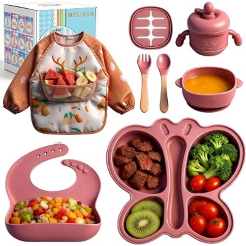 Silicone Baby Feeding Set, Baby Led Weaning Supplies, Silicone Suction Butterfly Plate, Bowl, Spoons, Fork and Waterproof Bib & Cloth Bib, Eating Utensils Baby Feeding Essentials (Pink)