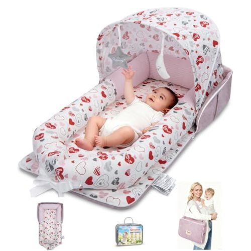 Baby Lounger, Portable Foldable Travel Lounger for Newborn 0-12 Month, Washable Lightweight Infant Nest with Canopy, Soft Breathable Baby Nest with Adorable Pattern, Home & Outdoor Use