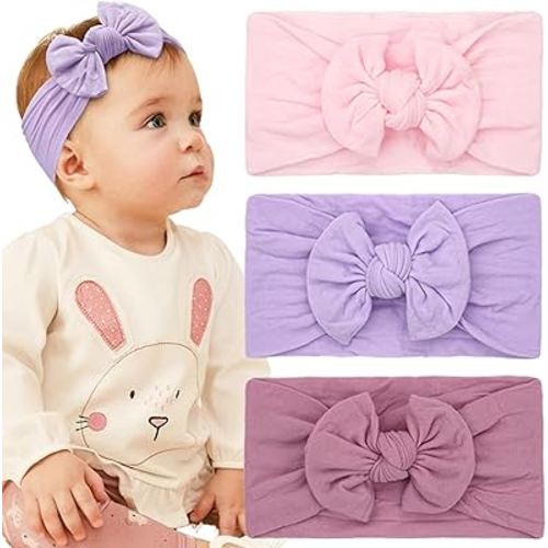 JOYOYO 3 Colors Soft Wide Turban Baby Headbands with 4.5 inches Hair Bow Headbands for Baby Girls Infants Newborn Hair Accessories Toddlers Kids and Children(Pink Purple Purple)