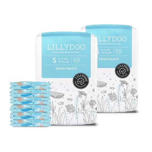 Baby Swim Diapers - Size Small (13-24 lbs), Half-Monthly Supply (40 Count), Blue Whales Design, Skin-Friendly, Perfume- & Chlorine-Free, Hypoallergenic, Dermatologist Tested, Oeko-TEX®