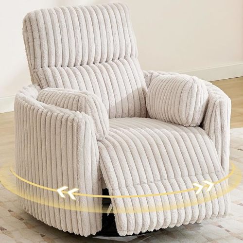 Power Swivel Glider Rocking Recliner Nursery Chair with 2 Pillows, Electric Rocker Reclining Chairs with Type-C & USB Charger Port for Living Room, High Back Barrel Armchair for Bedroom, Beige