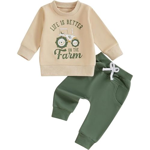 Toddler Baby Boy Fall Winter Outfits Tractor Print Long Sleeve Sweatshirt Pants Set Kids Sweatsuit Clothes
