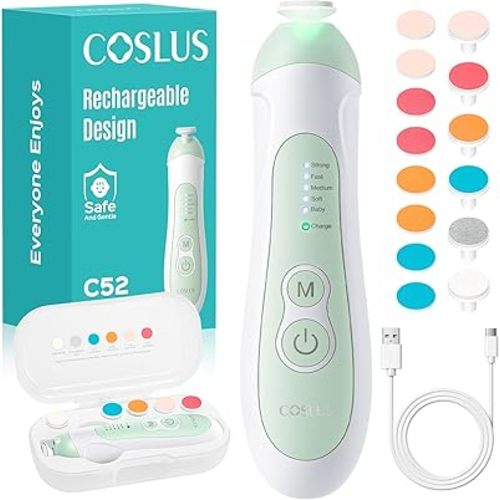 COSLUS Rechargeable Baby Nail File: Cordless Baby Nail Trimmer Electric with 5 Speeds & 6 Grinding Heads for Baby Kid, CPC Certified and Quiet Design - Safe for Sleep Trim Buffer, C52, Green