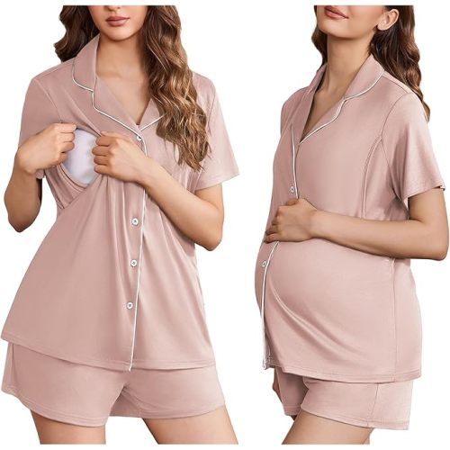 Ekouaer Women's Maternity Nursing Pajama Sets Button Down Postpartum Pajamas Short Sleeve Breastfeeding Clothes