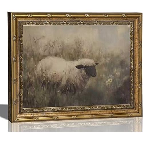 Vintage Gold Frame Moody Sheep Canvas Wall Art Rustic Cottagecore Sheep Wall Decor Farmhouse Animal Poster Print Artwork for Bedroom Living Room Home Decoration 9x11in