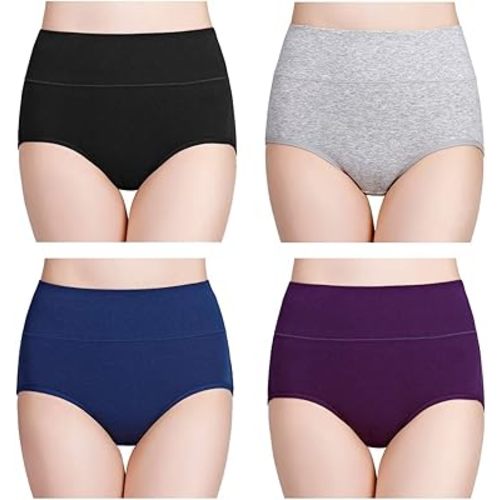 wirarpa Women's Cotton Underwear High Waisted Ladies Panties Full Coverage Briefs 4 Pack (Regular & Plus Size)