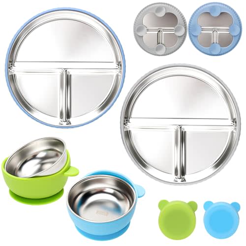 MISSLILI Stainless Steel Kids Plates and Bowls with Suction, Divided Baby Plate and Toddler Bowl with Removable Silicone Suction, Non-Slip Baby Feeding Set Dishwasher Safe, 4 Packs