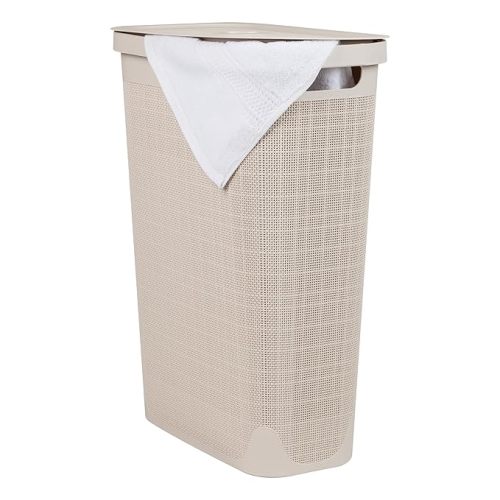 Mind Reader Slim Laundry Hamper with Lid, 40L Clothes Basket, Linen Design, Plastic, Ivory