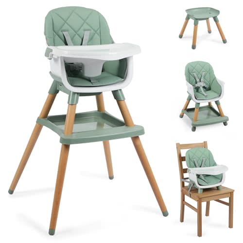 TODEFULL 8 in 1 Wooden High Chairs for Babies Toddlers, Convertible to Booster Seat, Baby Feeding Highchair w/ 5-Point Safety Harness, Removable Tray & Cushion, Green