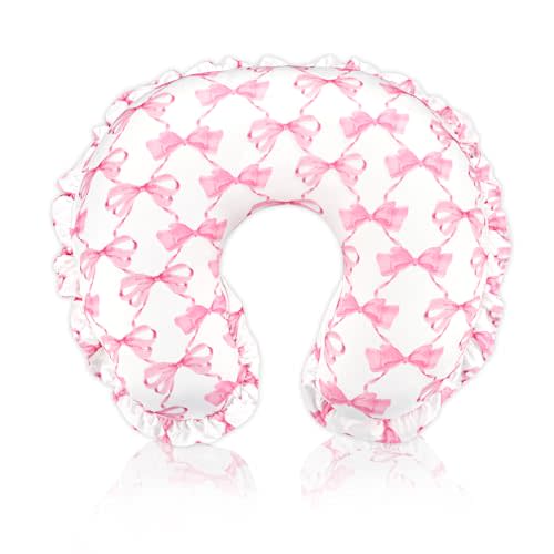 HNHUAMING Nursing Pillow Cover, Removable Case for Breastfeeding Pillows, Ultra Soft and Breathable Feeding Pillow Slipcover with Modern Design Lace for Infant Girls Boys Pink Bow