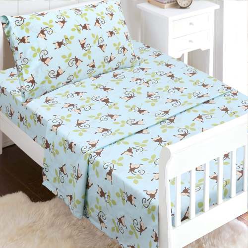 3-Piece Crib/Toddler Cotton Sheet Set Blue Jungle Monkey Tails Swing – Cozy Line Home Fashions
