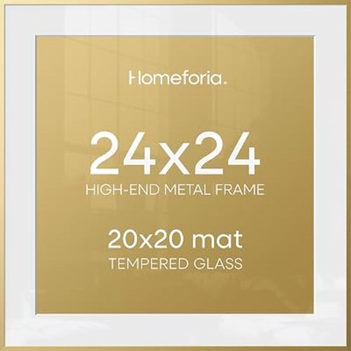 Homeforia 24x24 Gold Square Frame, High End Metal 24 x 24 Large Gold Poster Frames with Mat 20 by 20 for Photo, 24by24 Thin Picture Frame Matted to 20x20 inch Print, Tempered Glass, Wall Kit, Set of 1