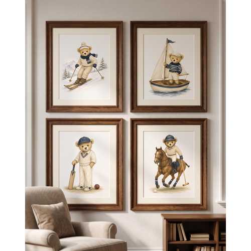 Vintage Teddy Bear Sports Wall Art Set, Preppy Boys Room Decor