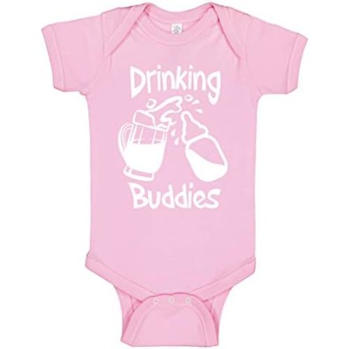 Reaxion Funny Cute Baby Boy Girl Drinking Humor Bodysuits | Mommy Daddy Drinking Buddies With Bottle Mug