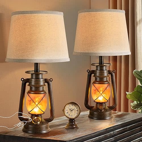 LEDIARY 18.72" LED Vintage Lantern Flickering Flame Table Lamps for Bedrooms Set of 2, Small Farmhouse Rustic Vintage End Table Lamps, Halloween Decorative Lantern Bedside Lamps for Living Room | 18.72", for Bedrooms, Set of 2, Small, Farmhouse, Rustic, V