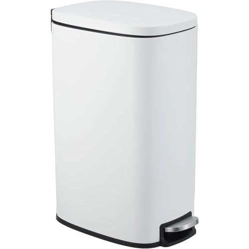 13 Gallon Trash Can, Stainless Steel Garbage Can with Soft-Close Lid and Removable Inner Bucket, 13 Gal Dog Proof Slim Recycling Bin for Kitchen, Bathroom, Bedroom, Home Office, White